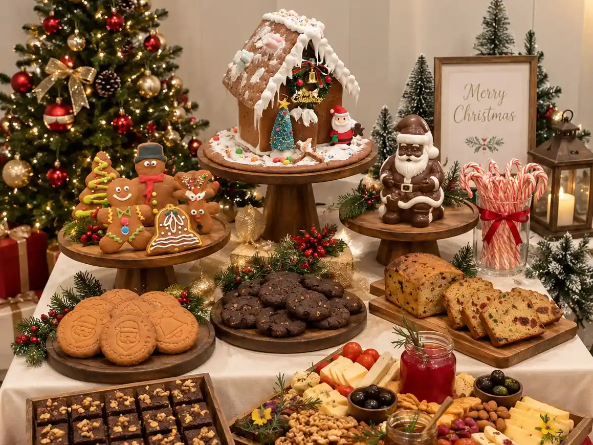 Christmas dessert table with gingerbread decor by Teaffani Catering