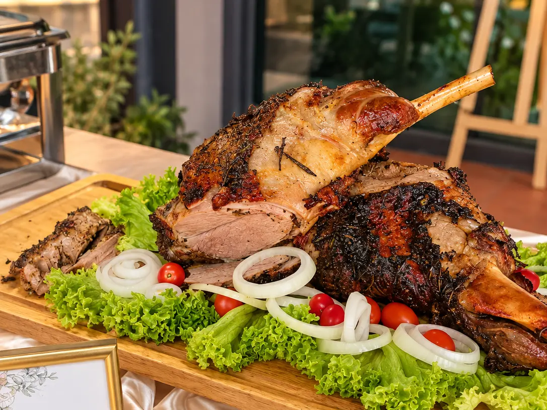 herb leg of lamb rosemary au jus mint sauce teaffani catering halal 